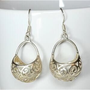 Open Metalwork Earrings Hoop Dangle Filigree Silvertone Boho Cottage 925 Wires